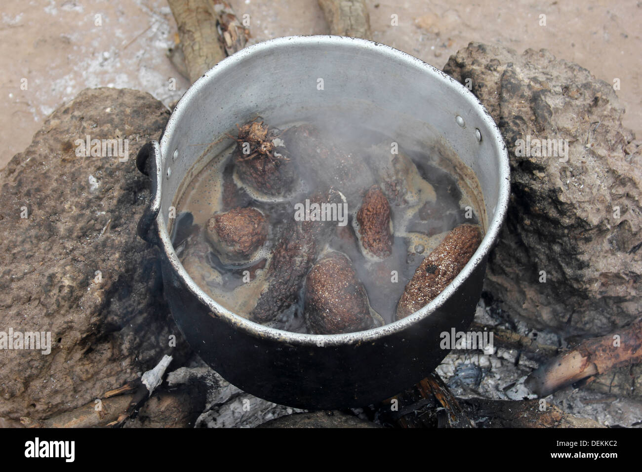 Süßkartoffeln kochen In einem Topf, Ghana Stockfoto