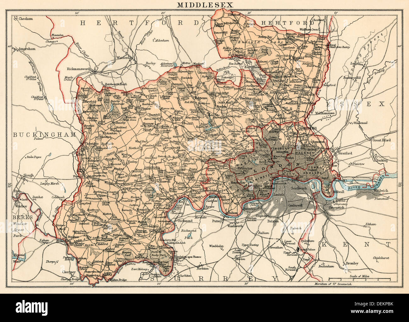 Karte von Middlesex, England, 1870. Farblithographie Stockfoto