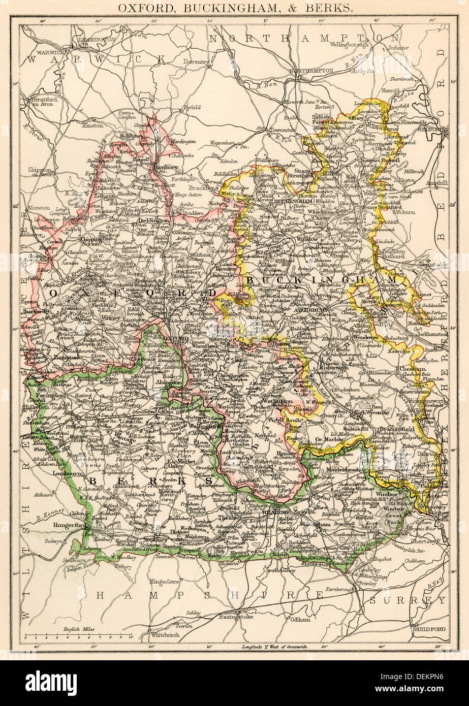 Karte von Oxfordshire, Buckinghamshire, und Berkshire, England, 1870. Farblithographie Stockfoto