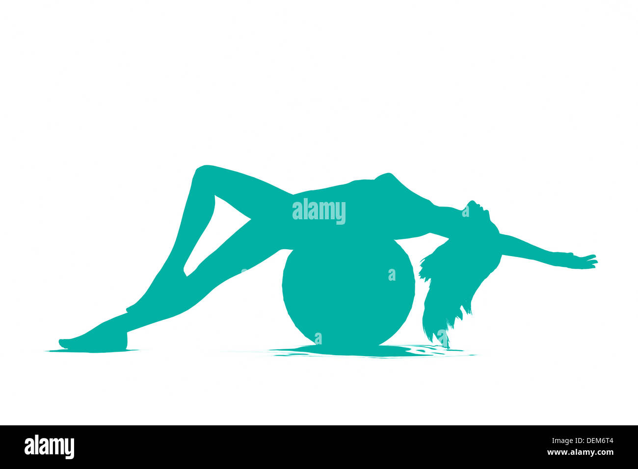 Konzeptionelle Darstellung einer Frau mit schlanken Körper Fit, Dehnung, balancieren auf Gymnastikball, blaue Raute auf weißem isoliert Stockfoto