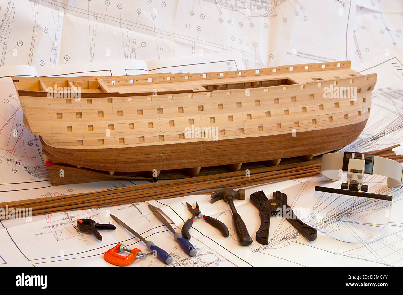 unvollendete Holzschiff Modell Rumpf Stockfoto