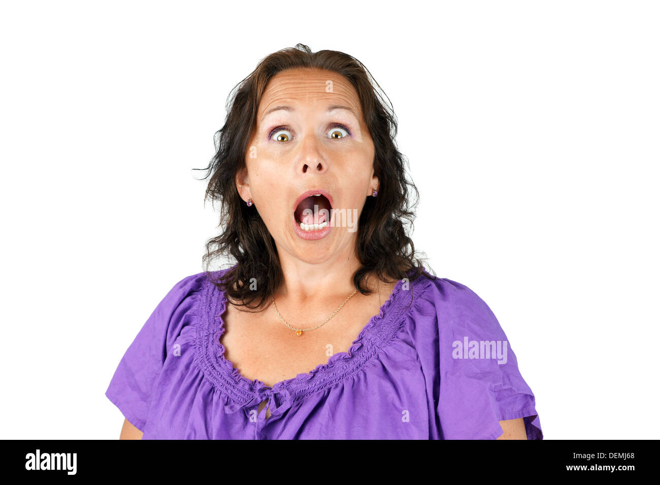 Baff, geschockt oder überrascht Frau mit offenem Mund Stockfoto
