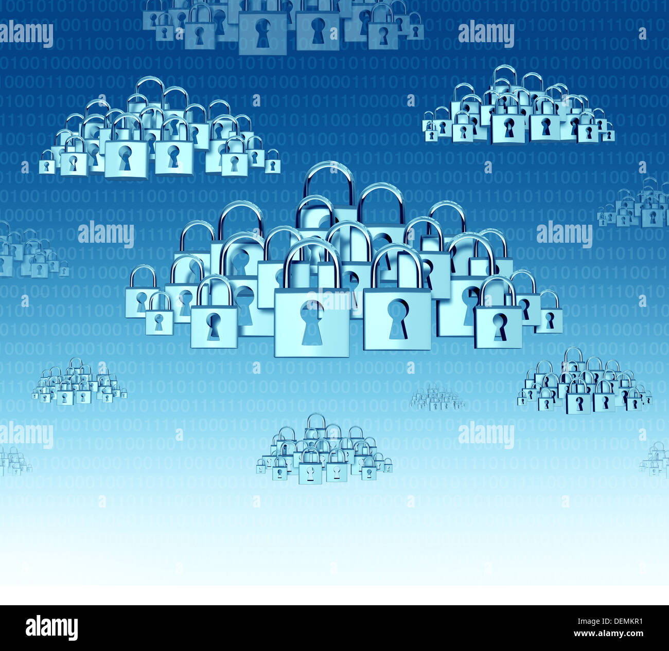 Cloud-Sicherheit und digitale Informationen Technologie Schutzkonzept mit einem binären Code Blau Himmel Wolken aus einer verbundenen Gruppe von Schlössern mit Schlüssellöcher als ein Symbol für Internet Daten-Management-Software und Netzwerk-Sicherheit inklusive. Stockfoto