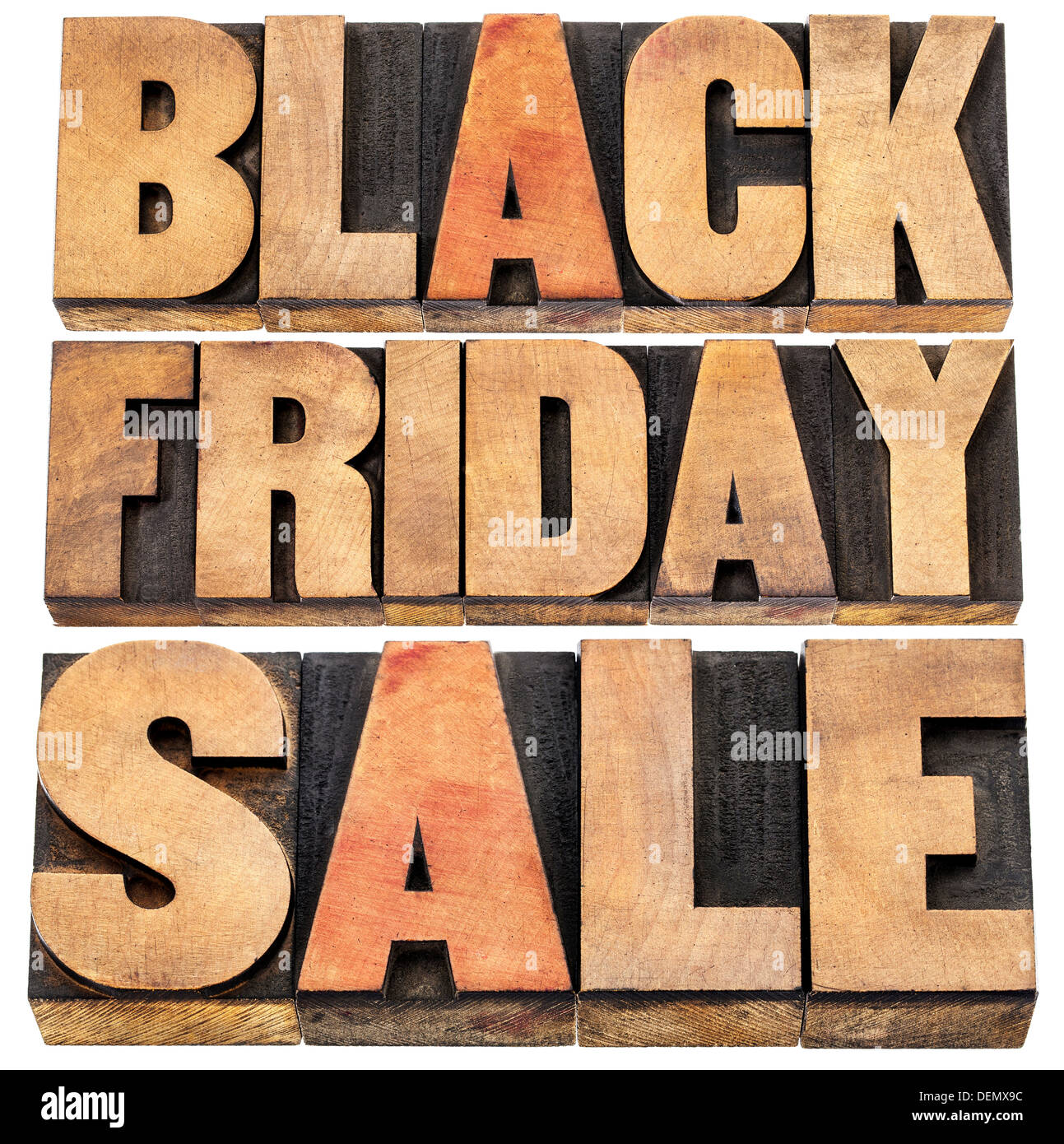Schwarzer Freitag Verkauf - Urlaub-shopping-Konzept - isoliert Text im Buchdruck Holzart. Stockfoto