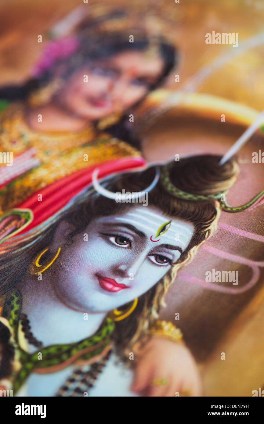 Lord Shiva und Parvathi auf einem hinduistischen Plakat. Selektiven Fokus Stockfoto