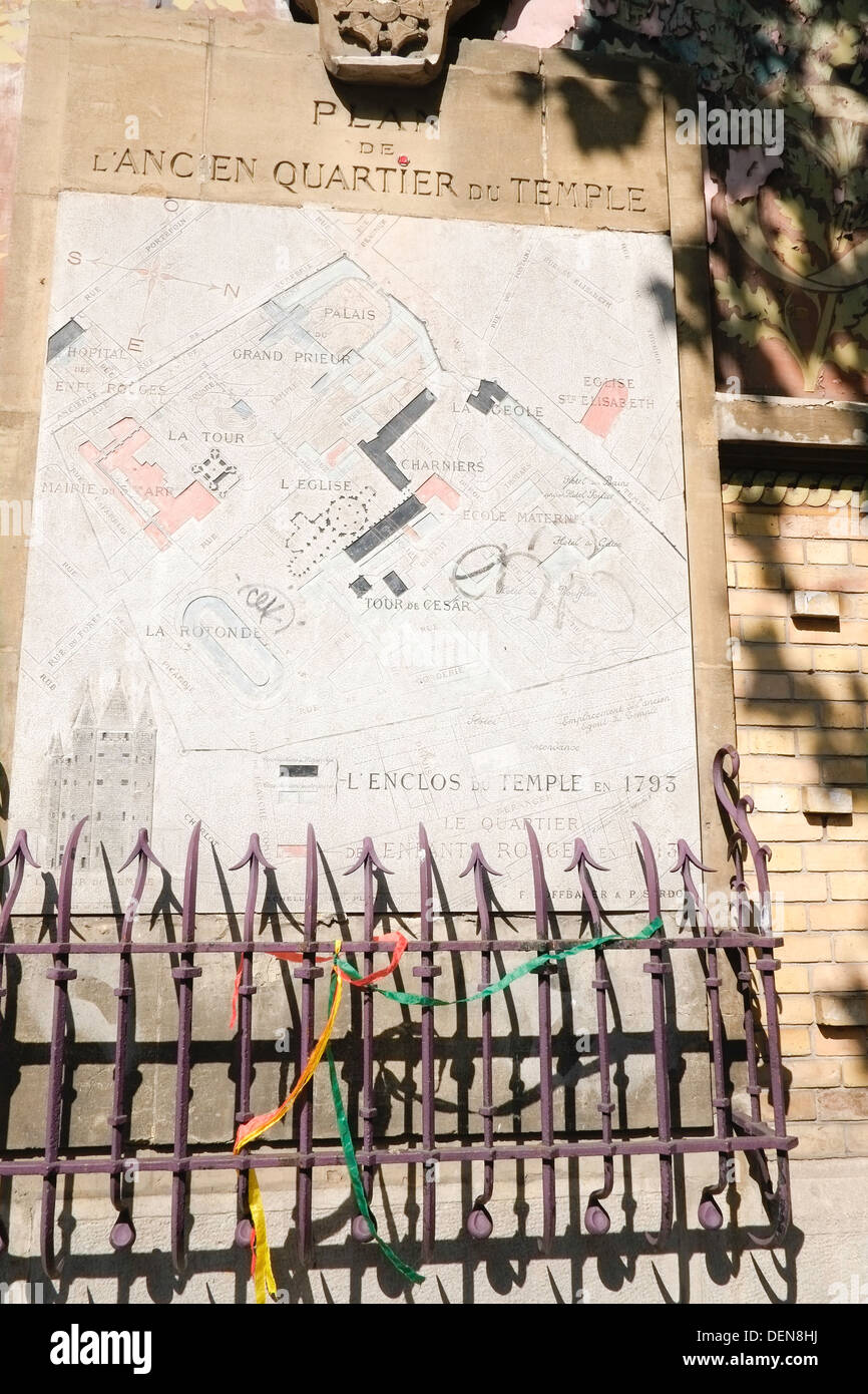 Alte Karte des Quartier du Temple (Le Marais), Paris, Frankreich Stockfoto