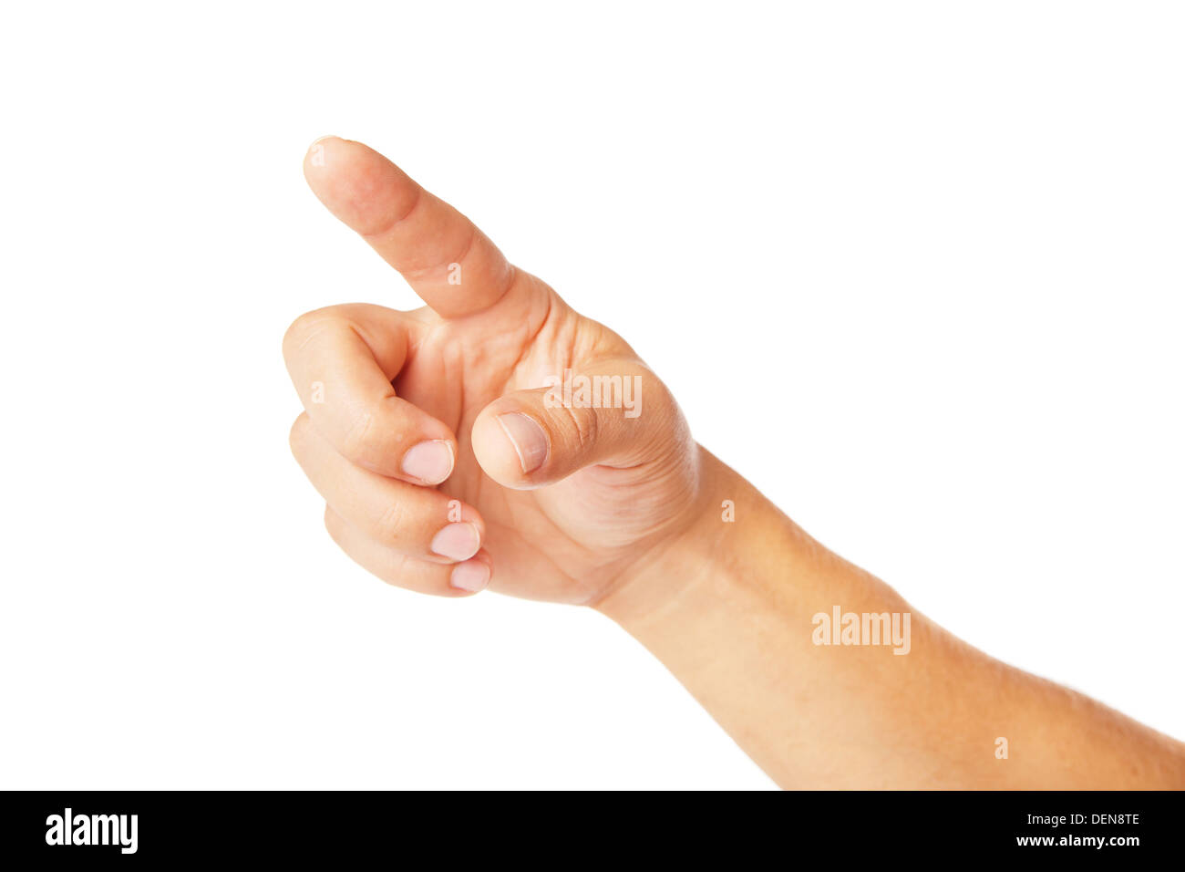 Handsymbol deutete isoliert auf weißem Hintergrund Stockfoto