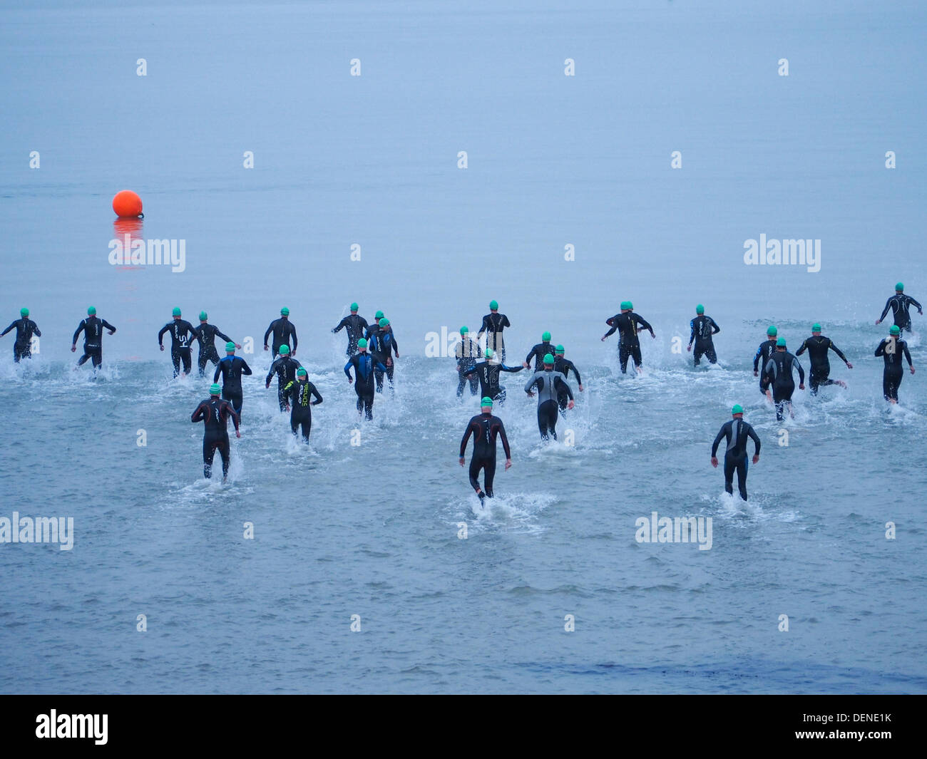 Die erste Welle der Wettbewerber in den Solent zu Beginn der 1500m schwimmen Abschnitt der wiggle Portsmouth Triathlon: Simon evans/alamy leben Nachrichten Stockfoto