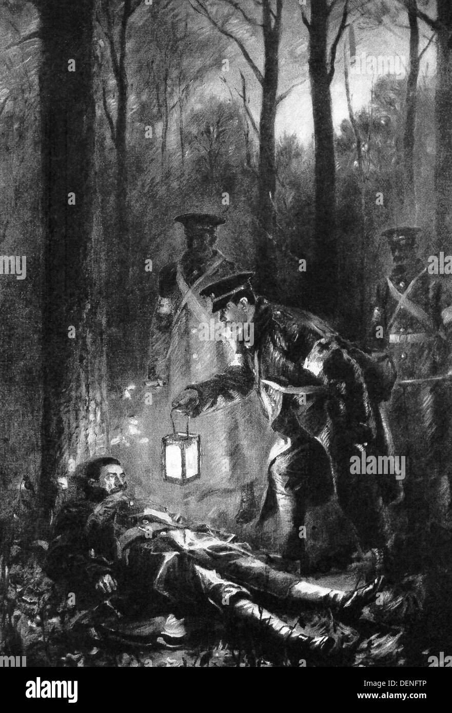 WWI-rotes Kreuz-Korps Mitglieder suchen nachts verwundet. Mit dem Licht von ihrer Laterne, haben sie hier eine gefunden. Stockfoto