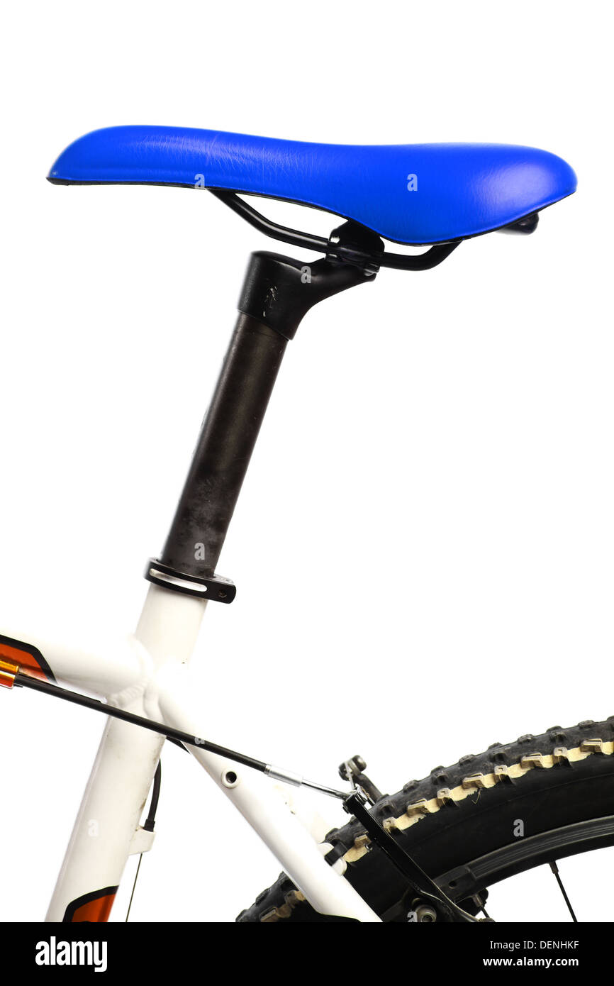 Farbdetails der blauen Sattel eines Fahrrades Stockfoto