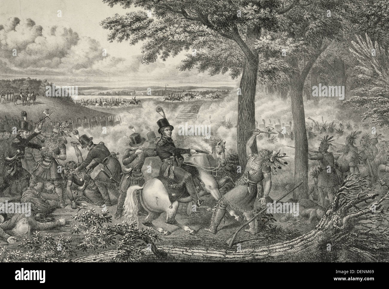 Schlacht von der Themse - American Kräfte kämpfen Tecumseh indische Konföderation. In der Mitte schießt Oberst R. M. Johnson Tecumseh, die seinen Tomahawk erhoben hat. 5. Oktober 1813 Stockfoto