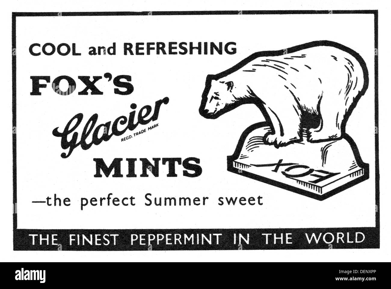 1957-Anzeige für Fox Gletscher Mints Stockfoto