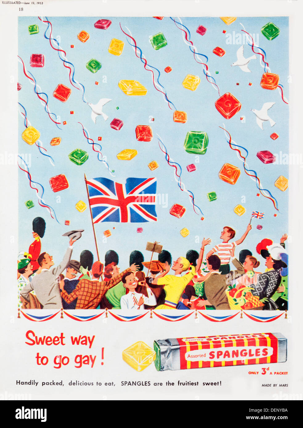 1953-Anzeige für Pailletten Süßigkeiten Stockfoto