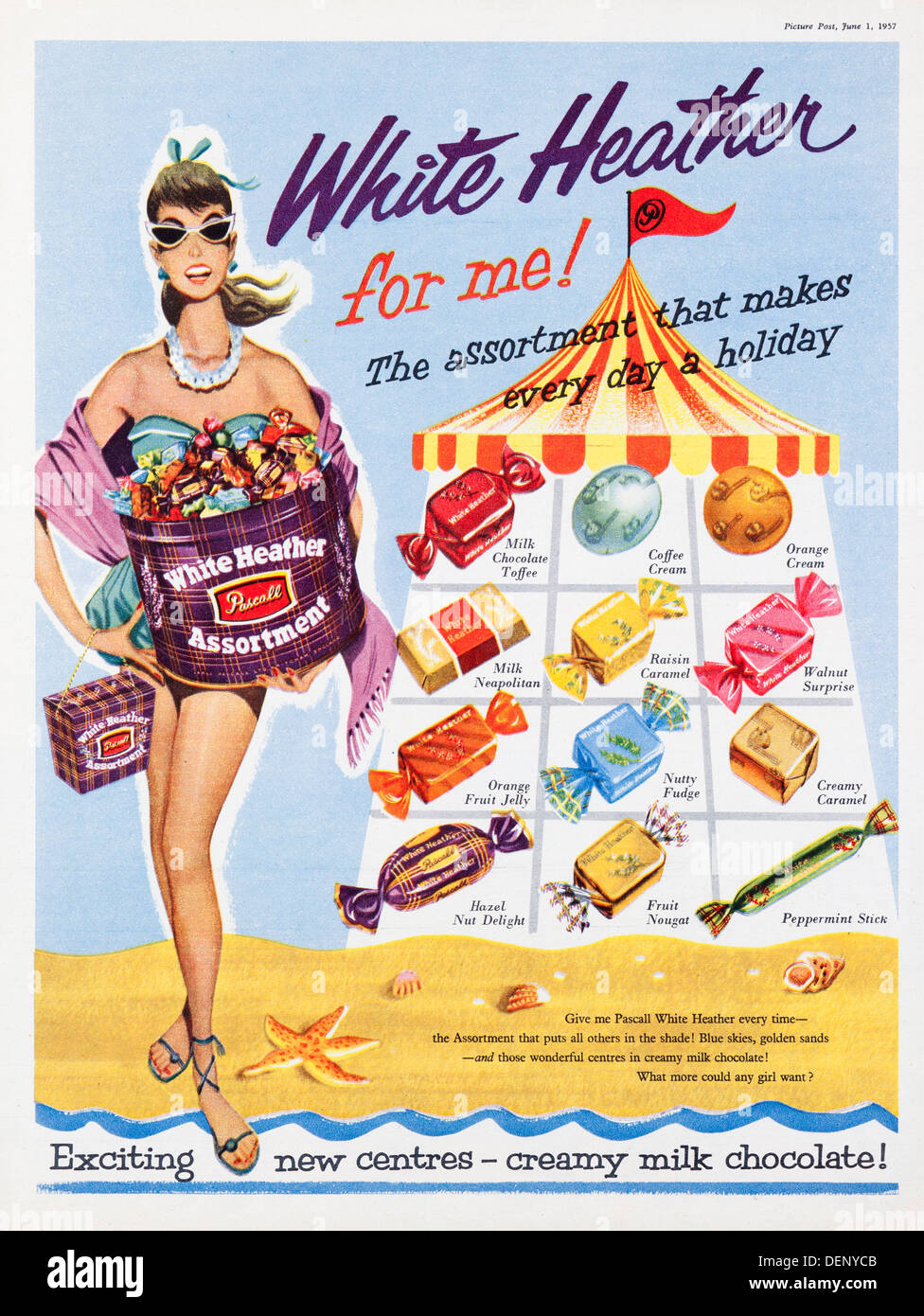 1957-Anzeige für White Heather Milchschokolade Stockfoto