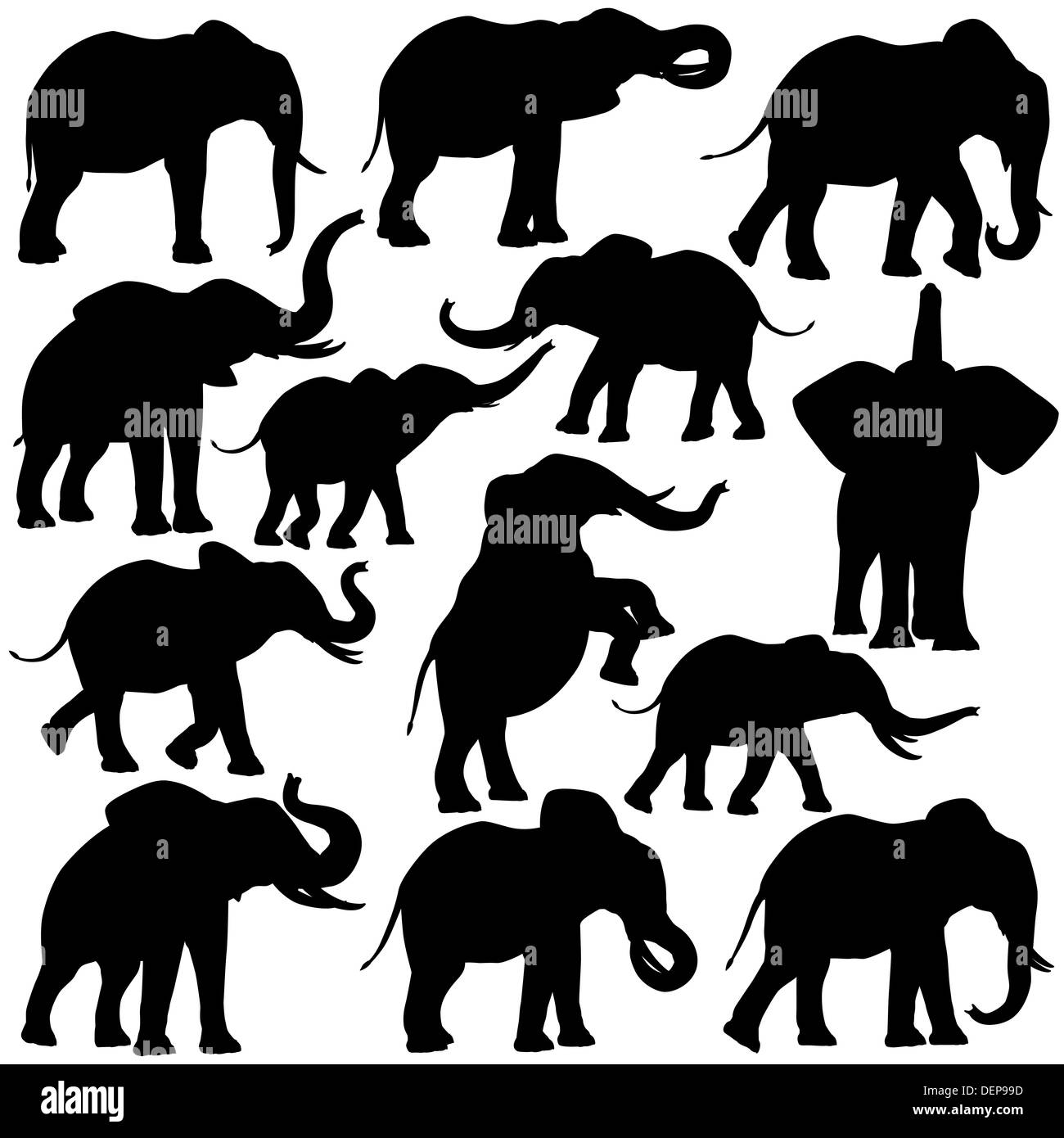 Reihe von illustrierten Silhouetten der afrikanischen Elefanten in verschiedenen Posen Stockfoto