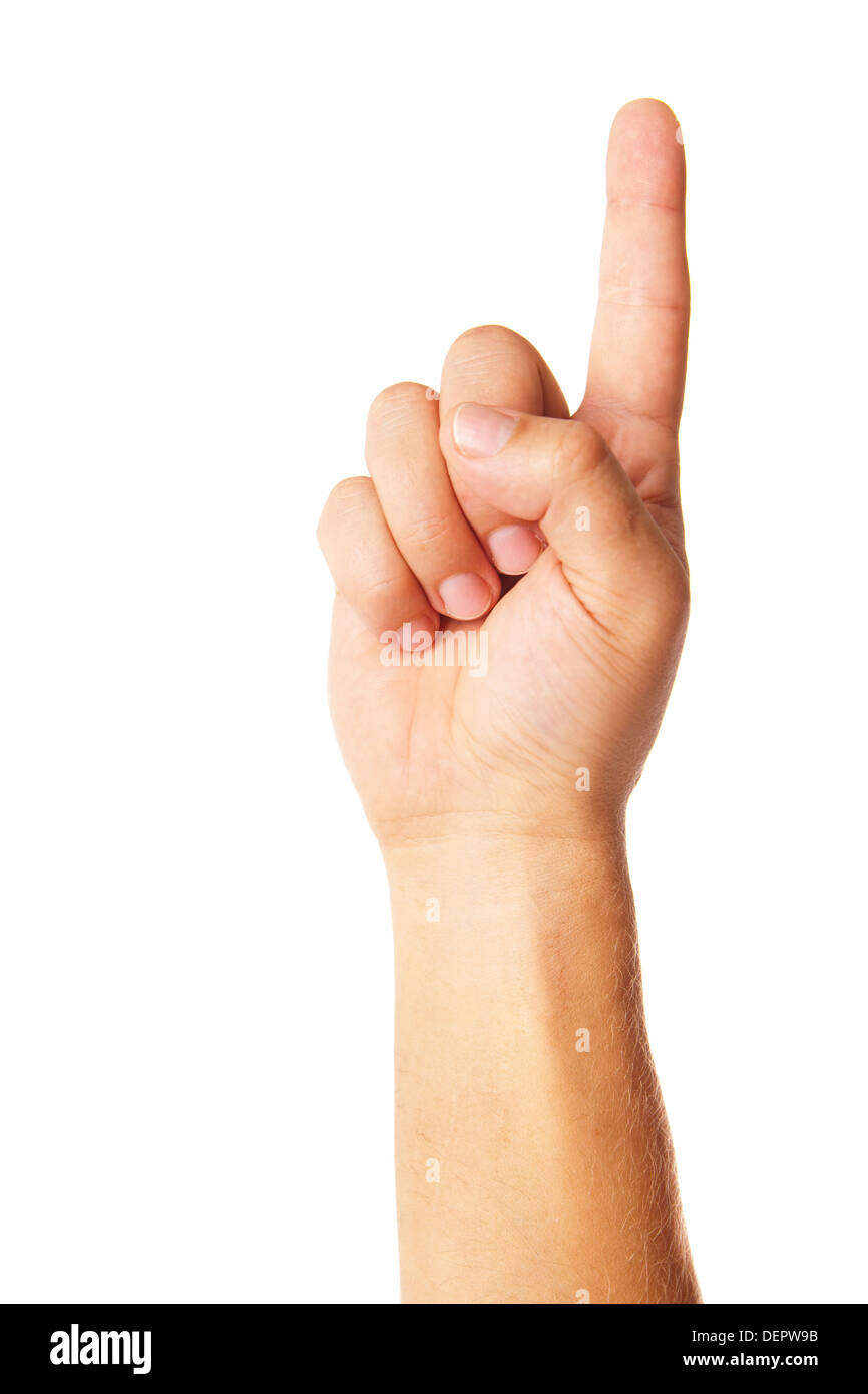 Handsymbol deutete isoliert auf weißem Hintergrund Stockfoto