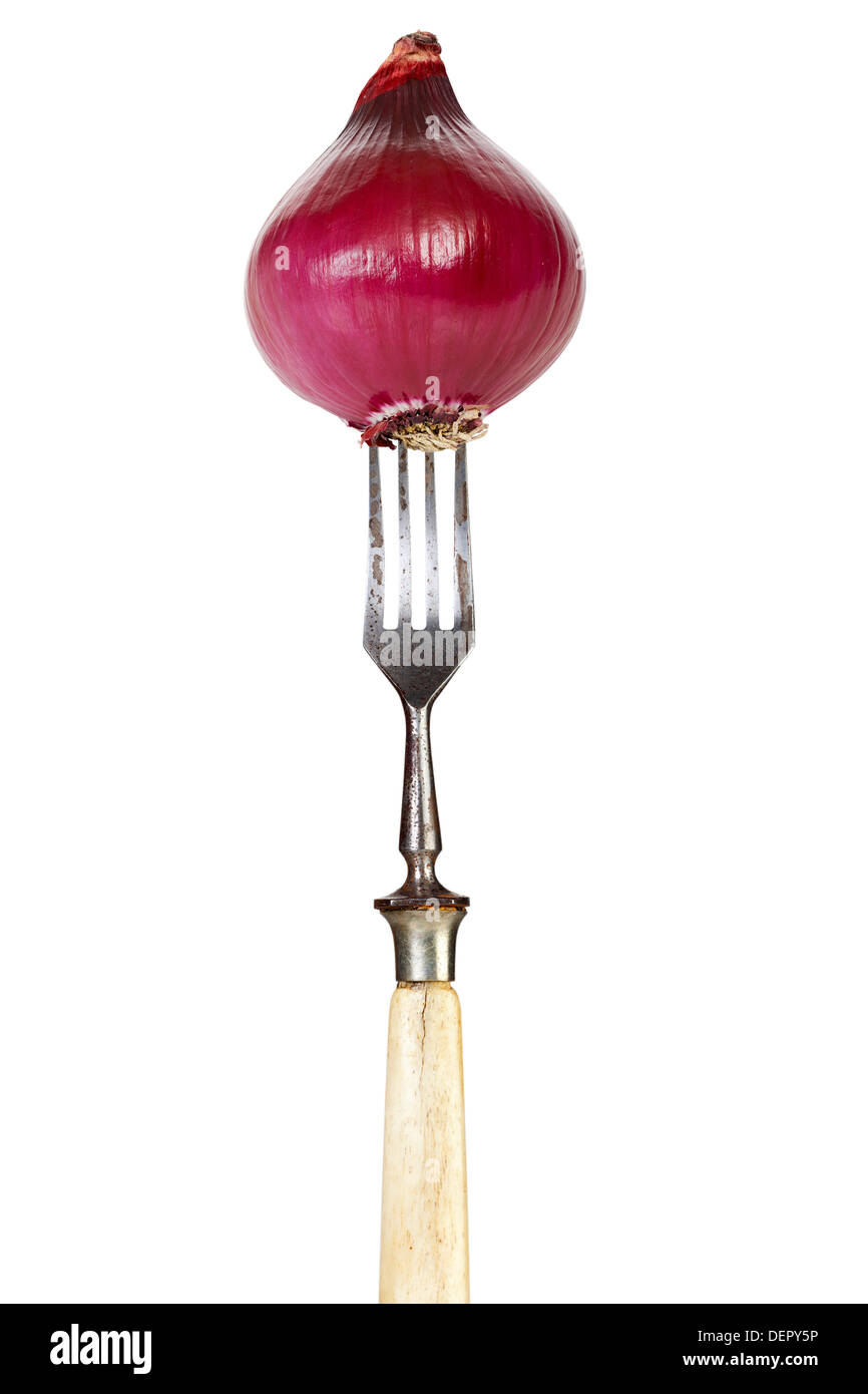 Eine rote Zwiebel aufgespießt auf einer Gabel auf weißen Hintergrund isoliert Stockfoto