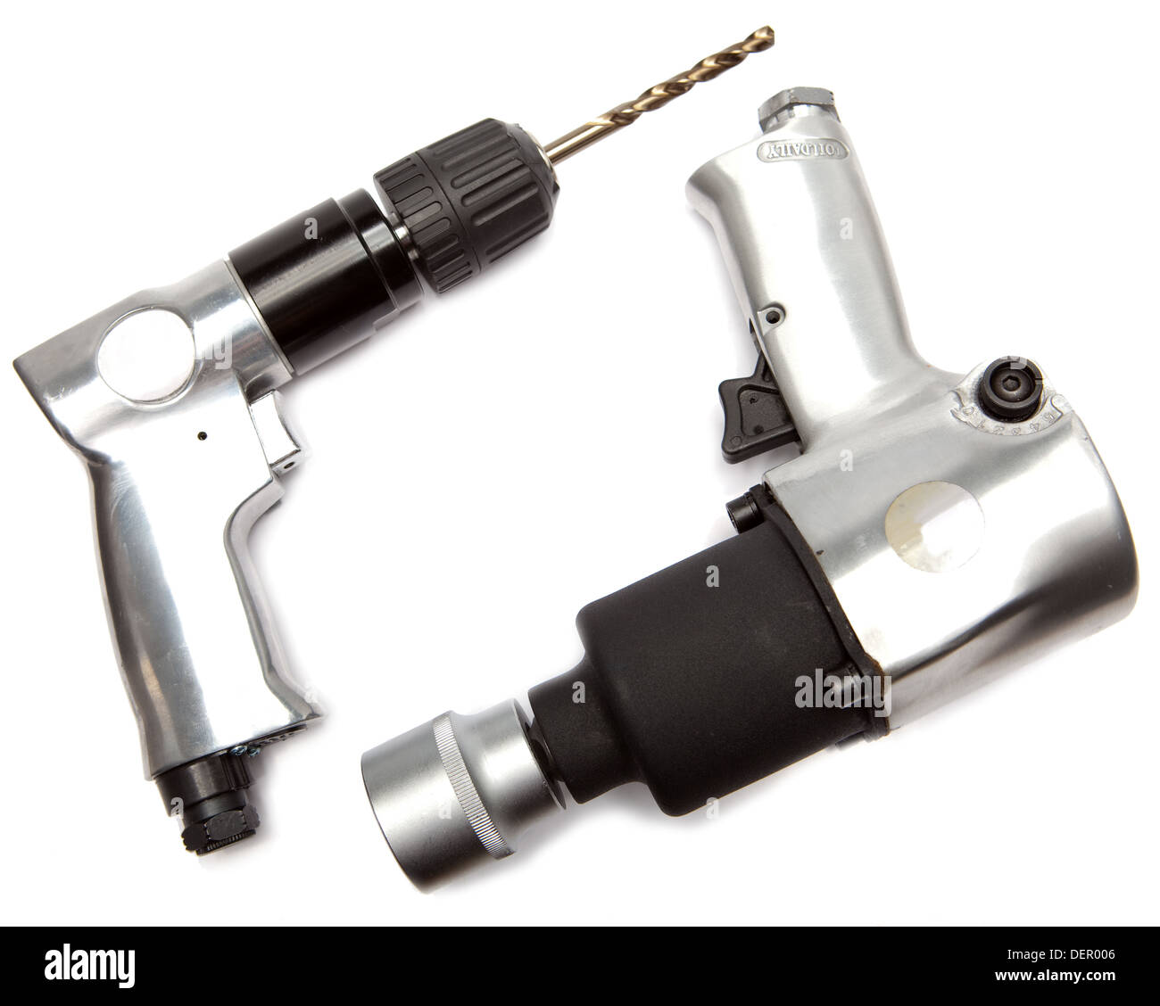 Luft-Schlagschrauber und reversible Luft Bohren auf weißem Hintergrund Stockfoto