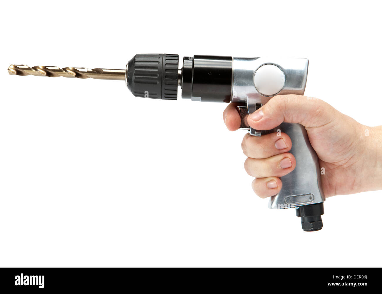 Hand in einen Handschuh Arbeiten hält reversible Luft Bohrer Stockfoto