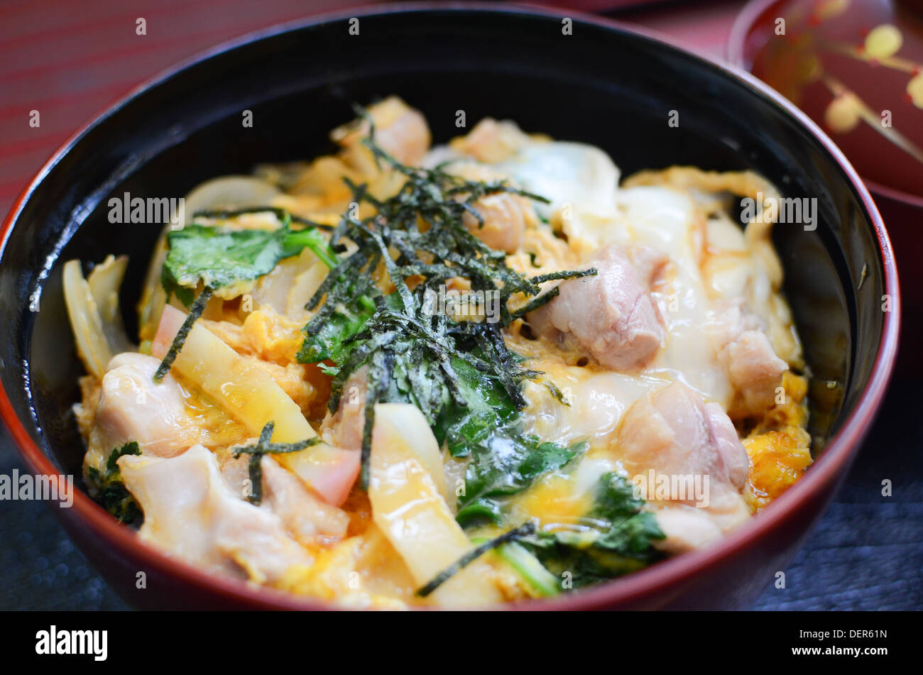 Ein japanisches Gericht, bekannt als Oyakodon (親子丼), wörtlich übersetzt als "Parent und Child Donburi". Stockfoto