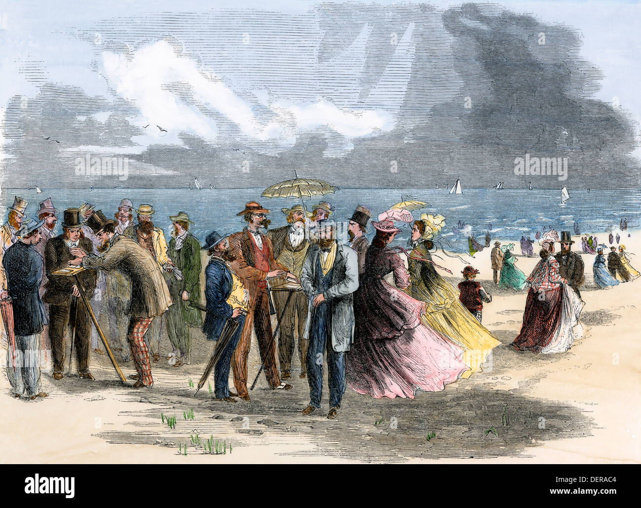 Con-Spiel des 3-Card Monte am Strand von Coney Island, 1860. Hand - farbige Holzschnitt Stockfoto