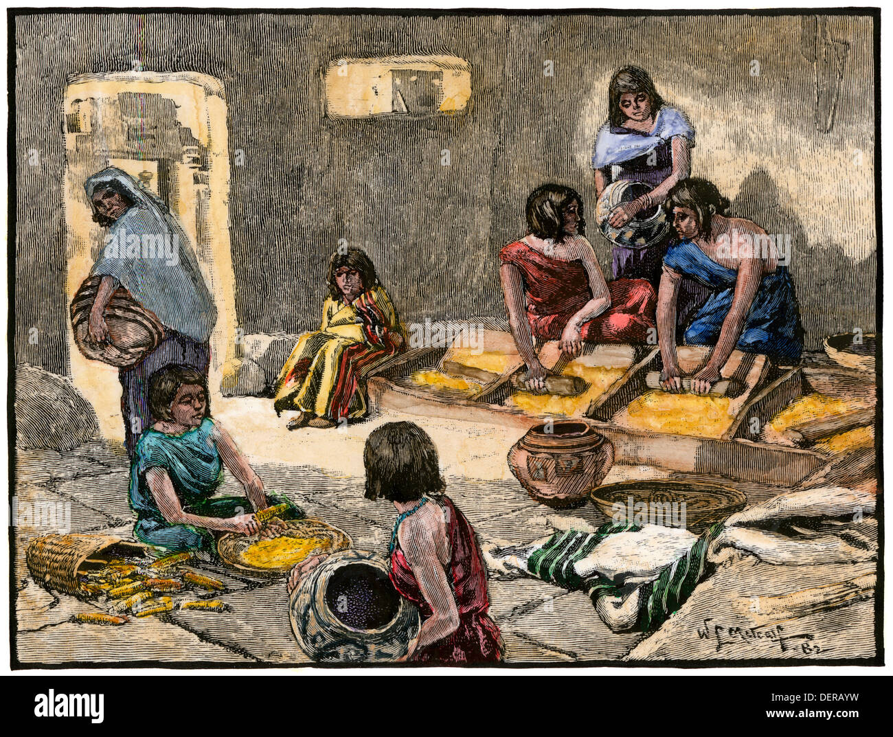 Zuni Pueblo Frauen mahlen Mais, 1800. Hand - farbige Holzschnitt Stockfoto