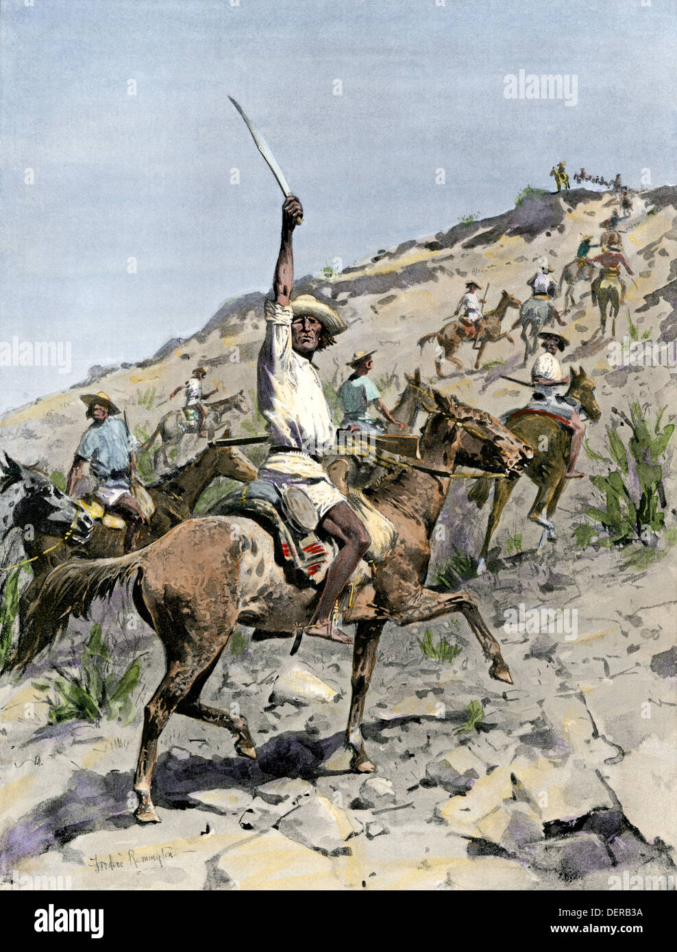 Yaquis in Arizona während Aufstand gegen die mexikanische Armee, 1896 angetrieben. Hand - farbige Holzschnitt von Frederic Remington Abbildung Stockfoto