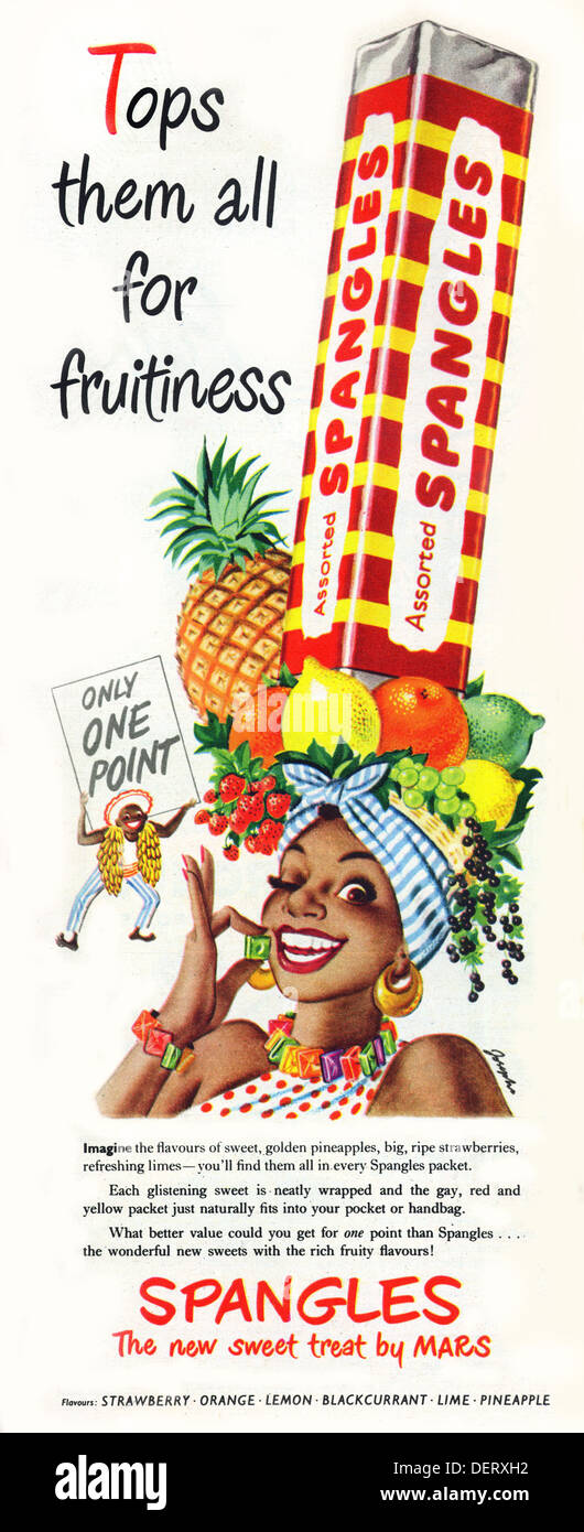 1952-Anzeige für Pailletten Süßigkeiten Stockfoto