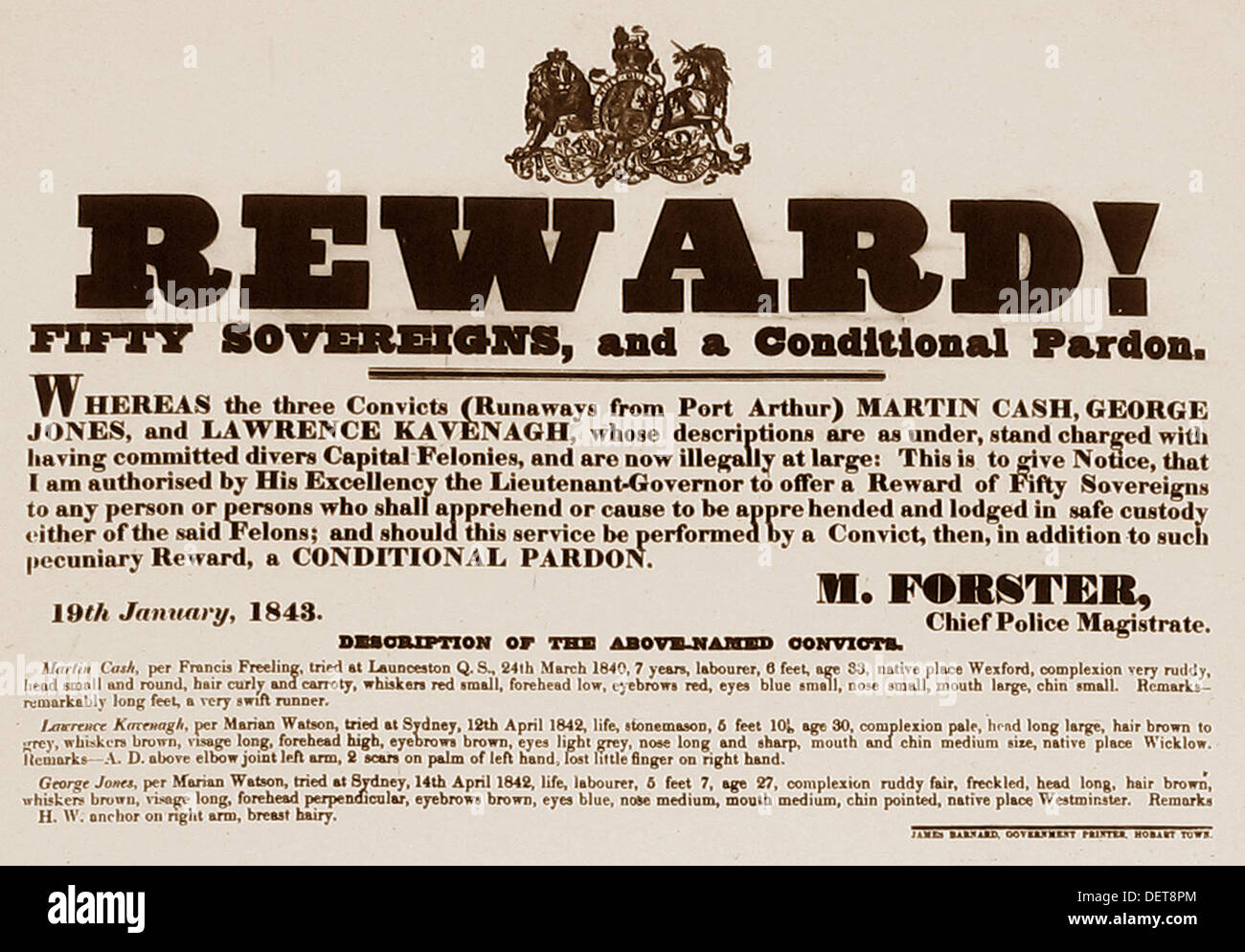 Tasmanien Belohnung Plakat für entflohene Sträflinge datiert 1847 Stockfoto