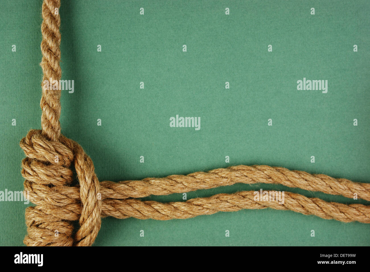 Seil mit marine Knoten auf grünem Hintergrund Stockfoto