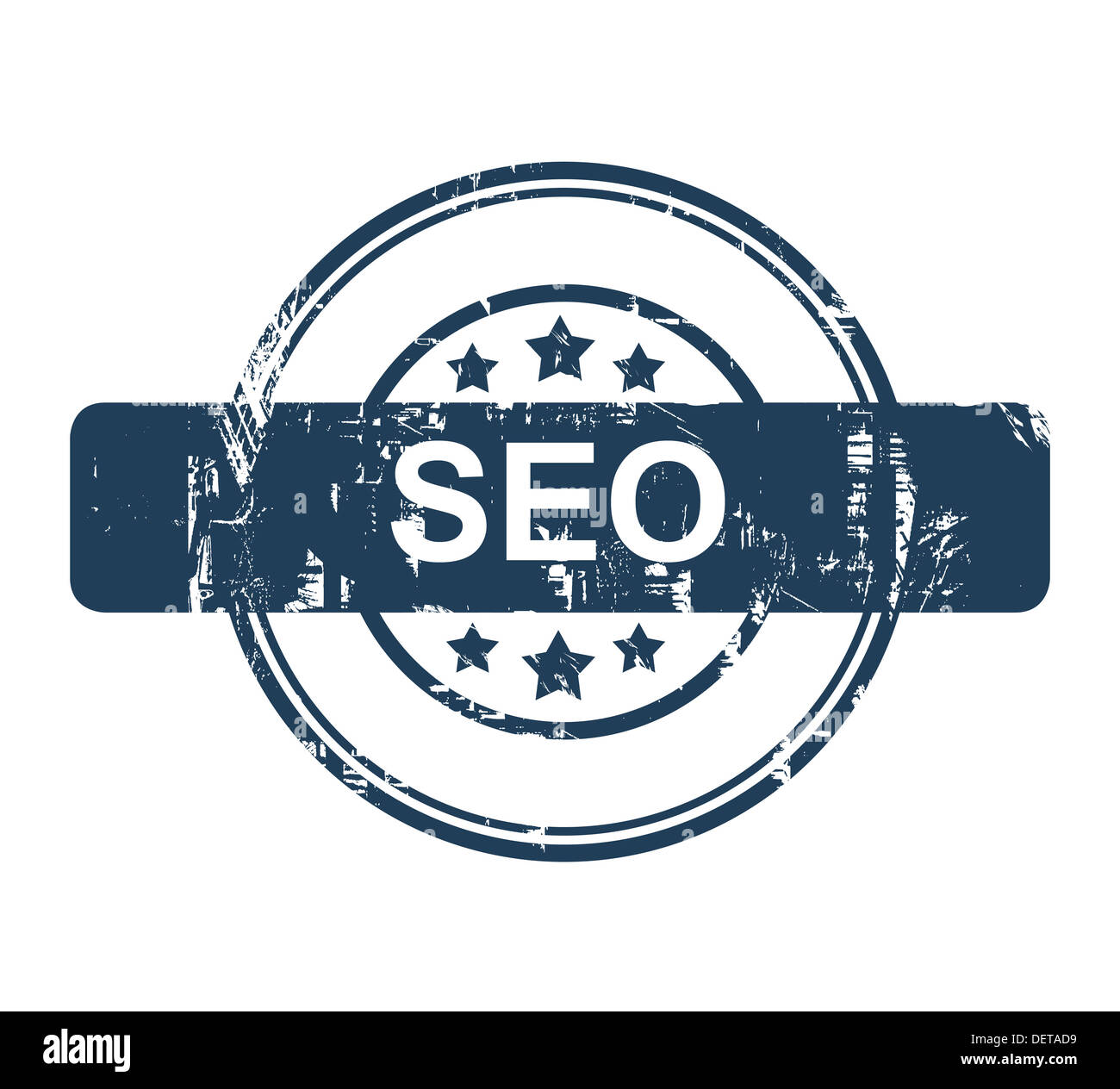 Blauer SEO-Stempel mit Sternen isoliert auf einem weißen Hintergrund. Stockfoto