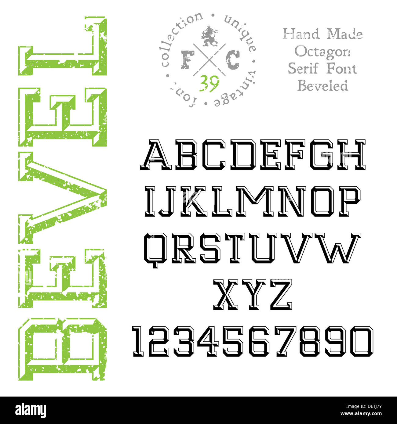 Handgemachte Retro-Schriftart. Slab Serif abgeschrägte 3D-Typ. Stockfoto