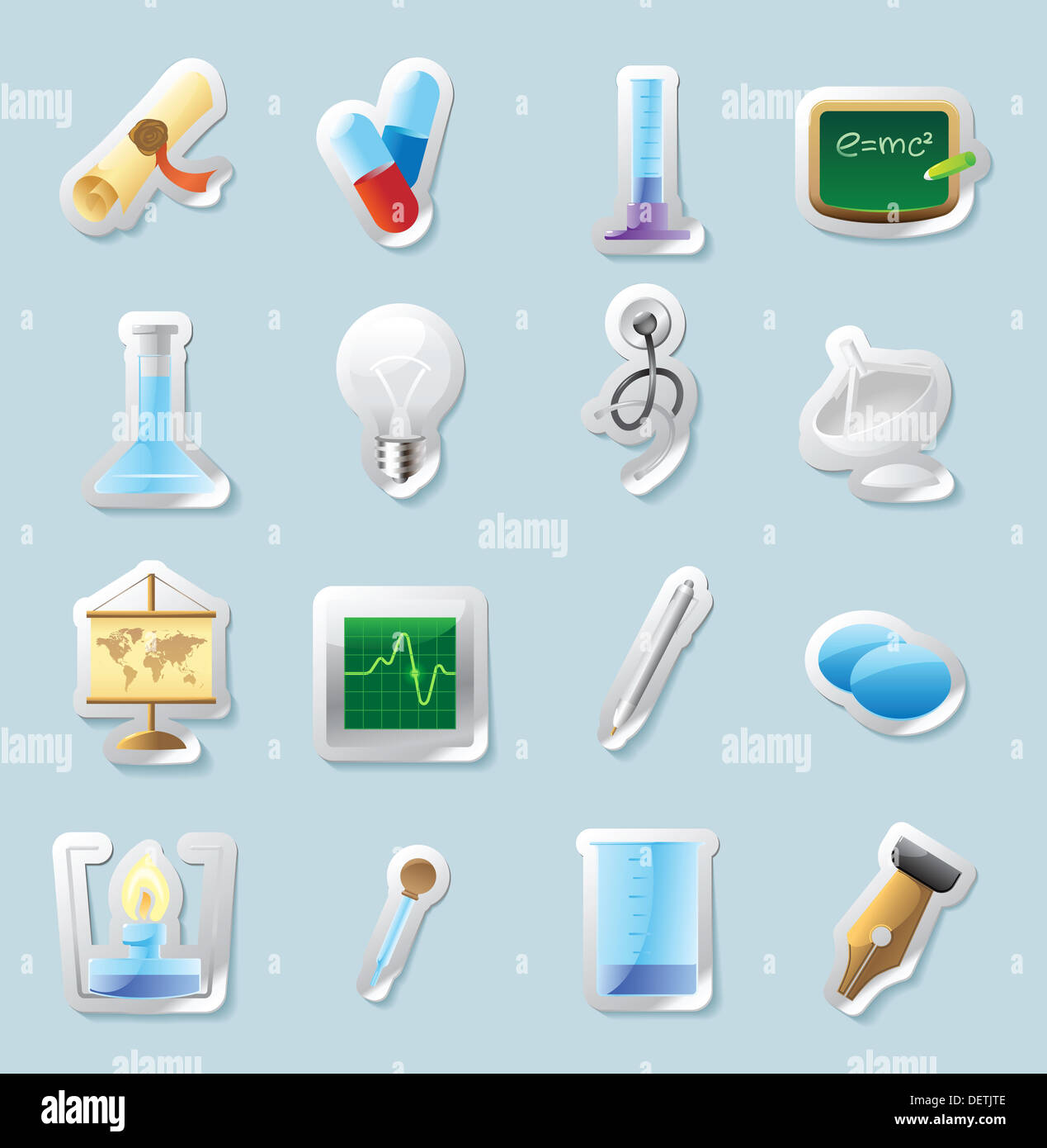 Aufkleber-Set-Taste. Symbole für Wissenschaft, Medizin und Bildung. Stockfoto