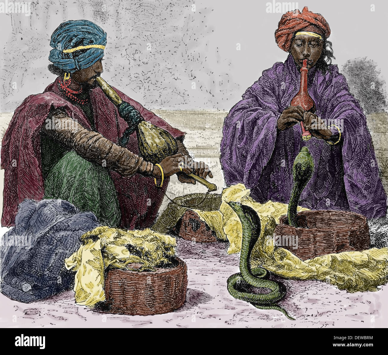 Asien. Indian. Schlangenbeschwörer. Farbige Gravur. des 19. Jahrhunderts. Stockfoto