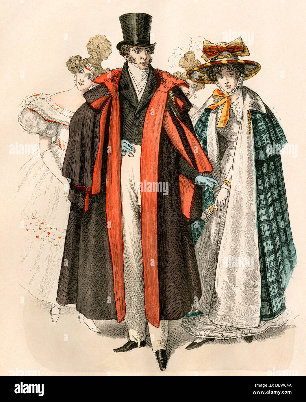 Europäische Mode der 1820er Jahre, mit der Mann und die Frau in der greatcoats und Hüte. Farblithographie Stockfoto