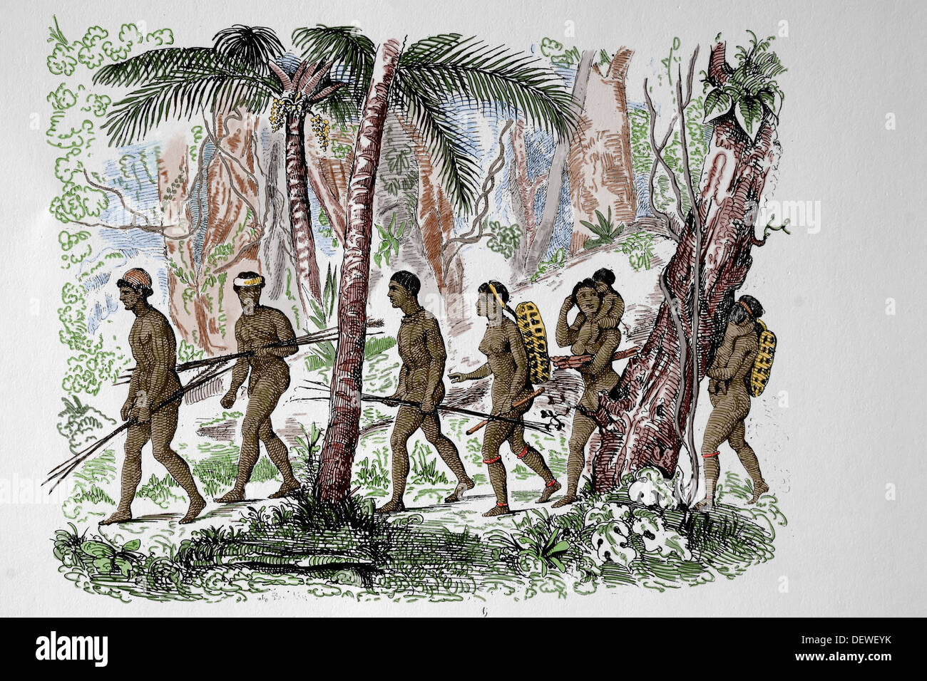 Amerika. Brazilien. Mitglieder der Puri Stamm, zentral-Brasilien, c.1840. Sie sind ausgestorben. Gravur. Farbige. Stockfoto