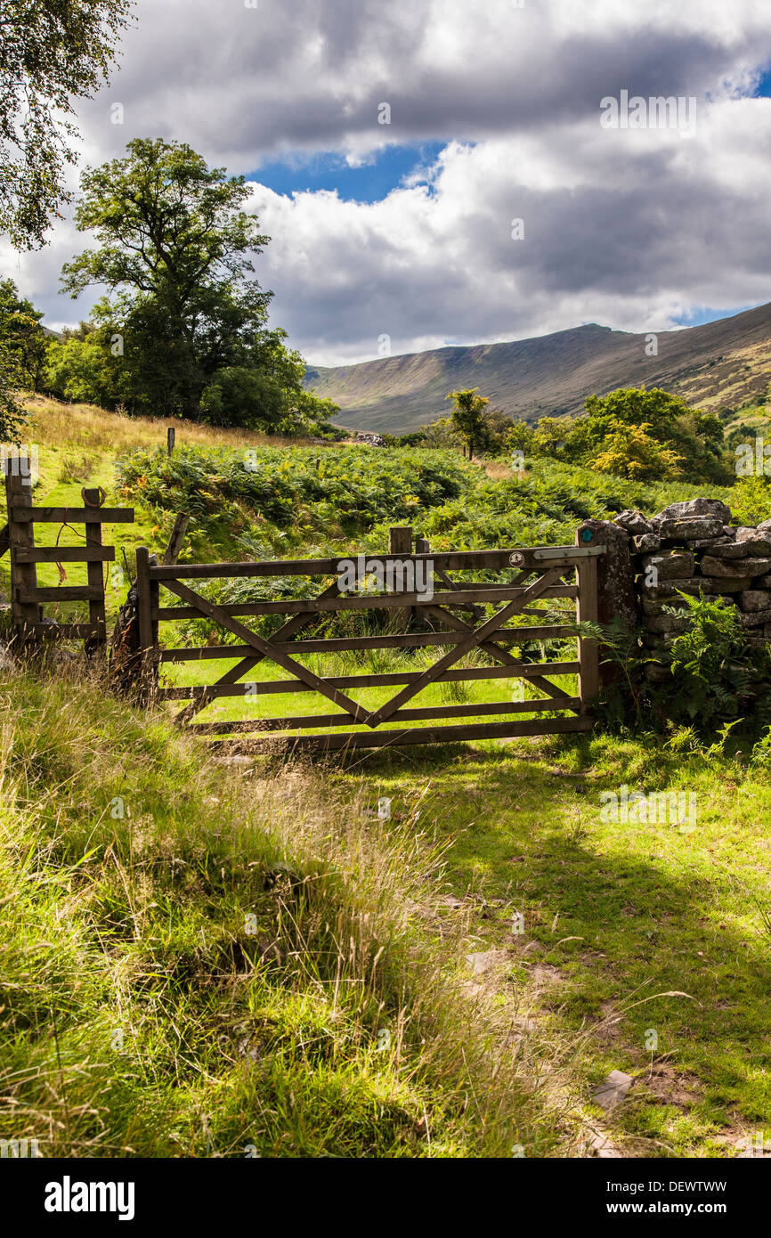 Die fünf bar Holztor über einen öffentlichen Fußweg in das Cwm Oergwm in den Brecon Beacons National Park. Stockfoto