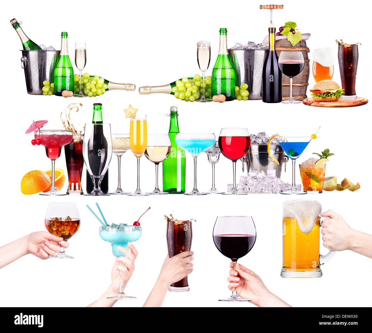 verschiedene alkoholische Getränke set isoliert-Bier, Martini, Cola, Scotch, Champagner, Wein, Saft Stockfoto