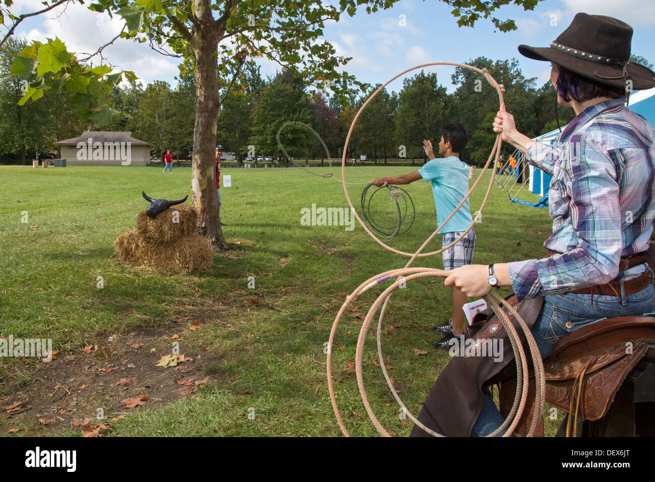 Ein Pfadfinder versucht, die Hörner eines Stieres während der Versammlung in einem vorstädtischen Detroit Park Scout lasso. Stockfoto