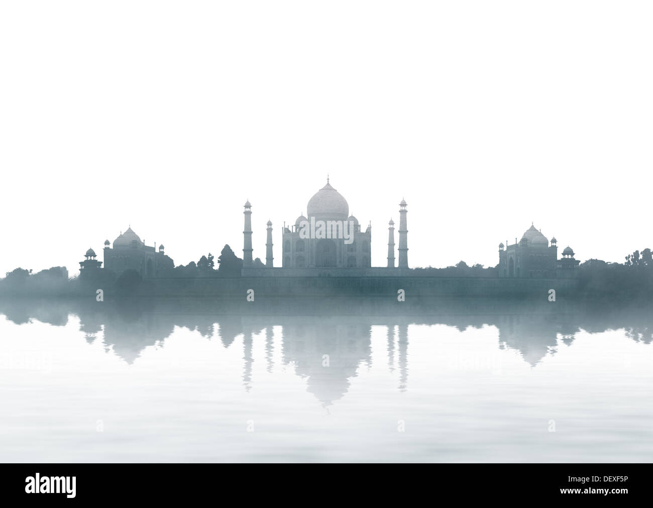 Indien-Wahrzeichen - Taj Mahal Panorama mit Nebel. Agra Stockfoto