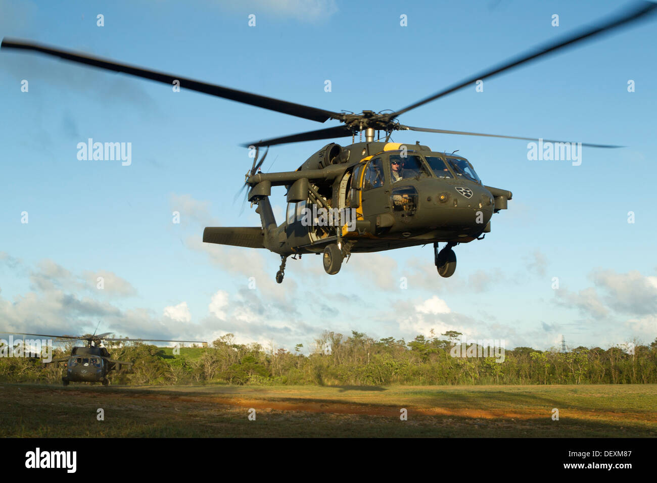 Ein US-Armee UH-60 Black Hawk Hubschrauber hebt ab wie ein weiteres folgt mit Marines während einer gemeinsamen Übung 12 Sept. Stockfoto