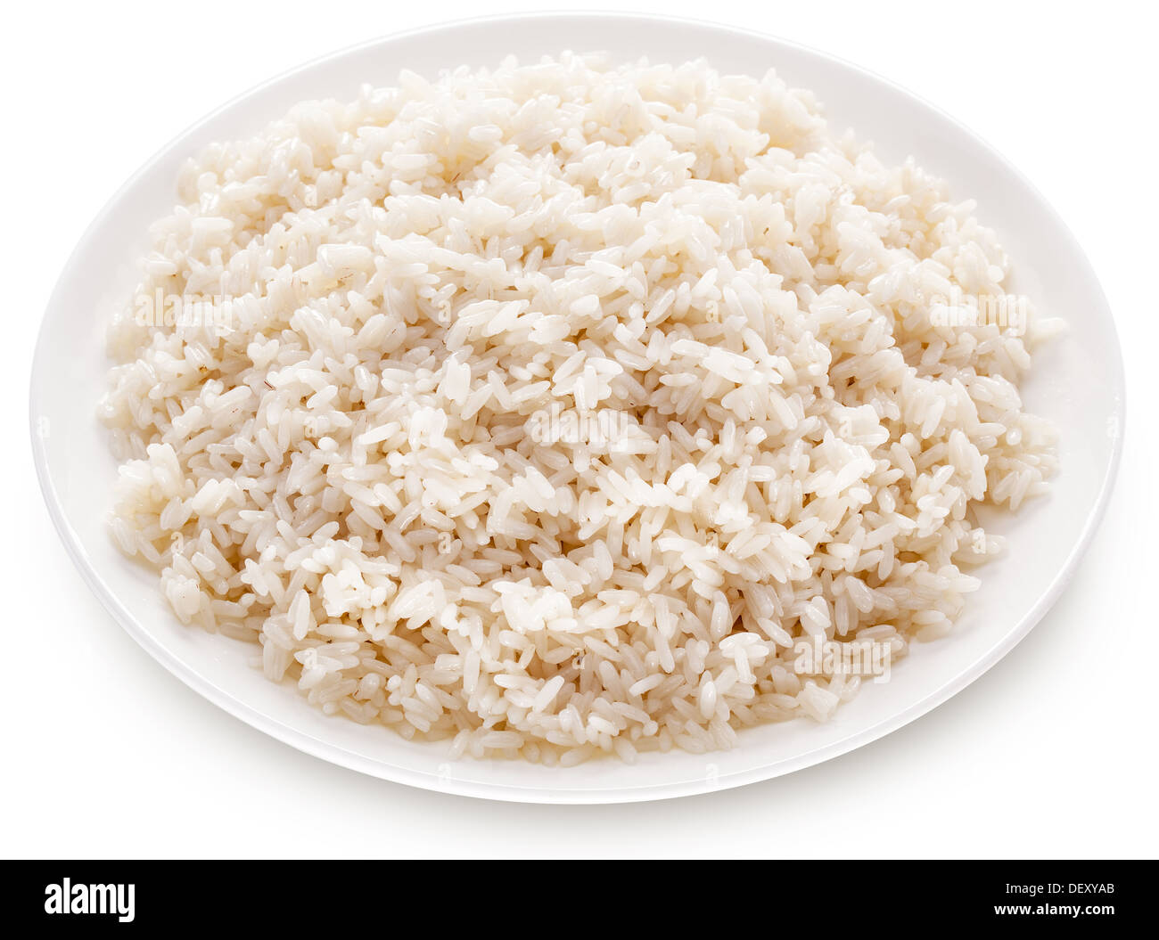 Reis auf einem weißen Teller Studio isoliert. Stockfoto