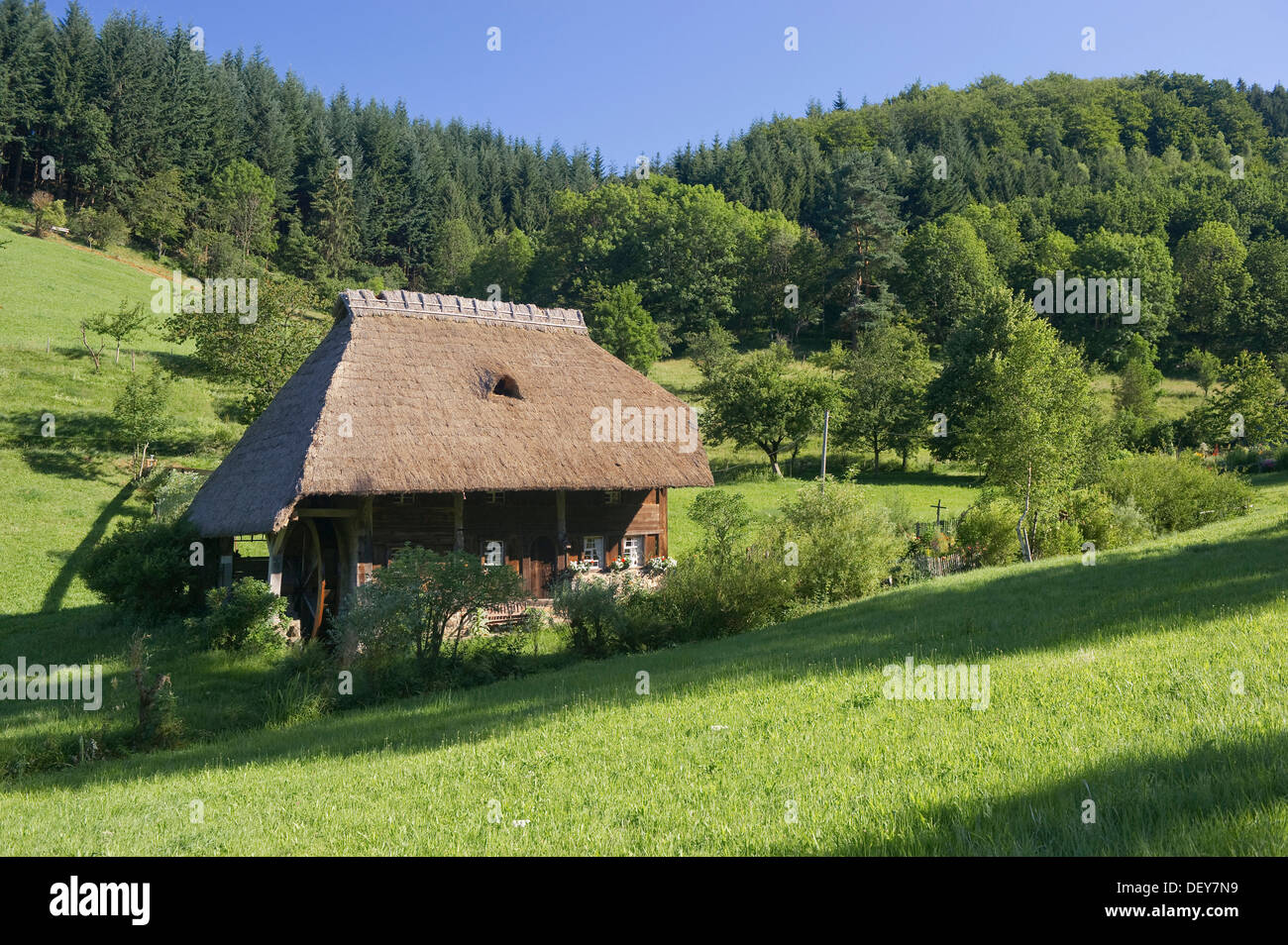 Reetgedeckte Mühle mit einem Bauerngarten, Oberprechtal in Elzach, Schwarzwald, Baden-Württemberg Stockfoto
