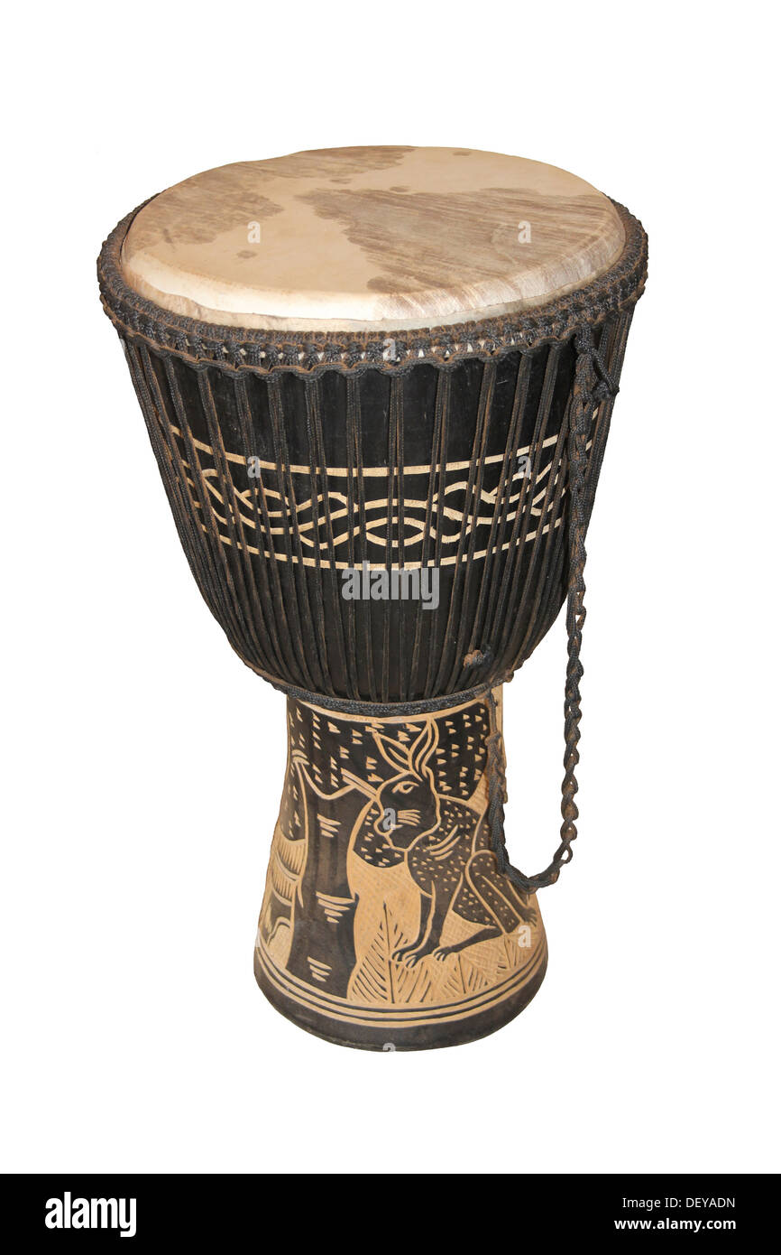 Moderne westafrikanische Djembe Trommel mit Hasen Design verziert Stockfoto