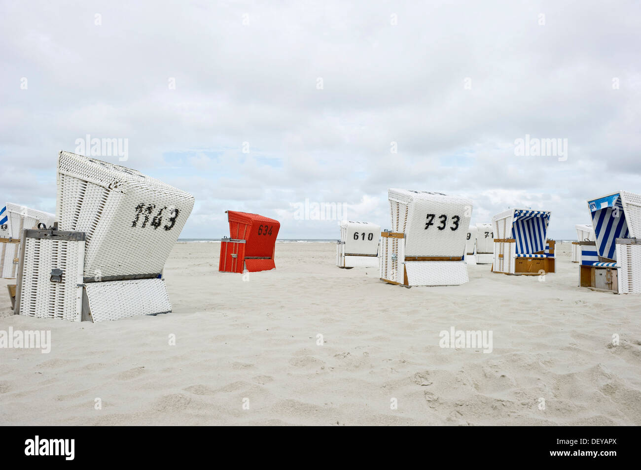 Überdachten Strand Korbsessel auf den Strand von St. Peter-Ording, Nordfriesland, Schleswig-Holstein Stockfoto