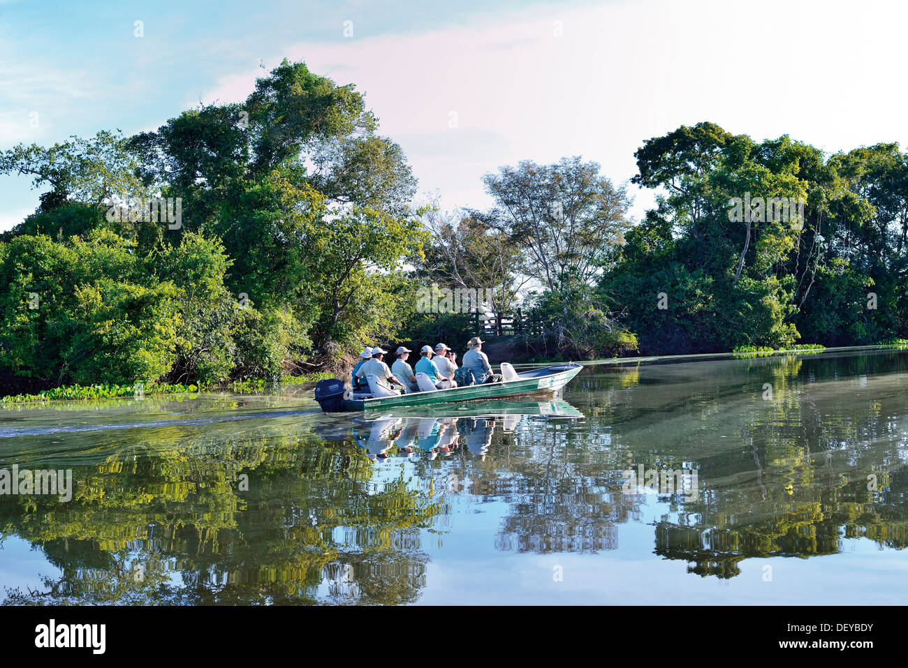 Brasilien, Pantanal: Touristen mit Guide fahren Motorboot am Fluss Claro Stockfoto