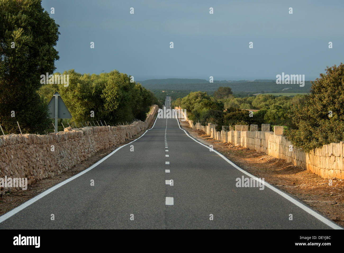 Straße und Landschaft mit Trockenmauern, Manacor, Mallorca, Balearen, Spanien Stockfoto