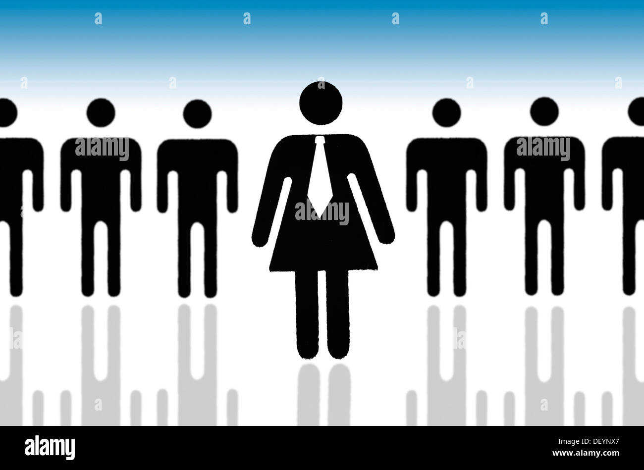 Piktogramm einer Frau mit Krawatte und Männer im Rücken, symbolisches Bild für Frauenquote Stockfoto