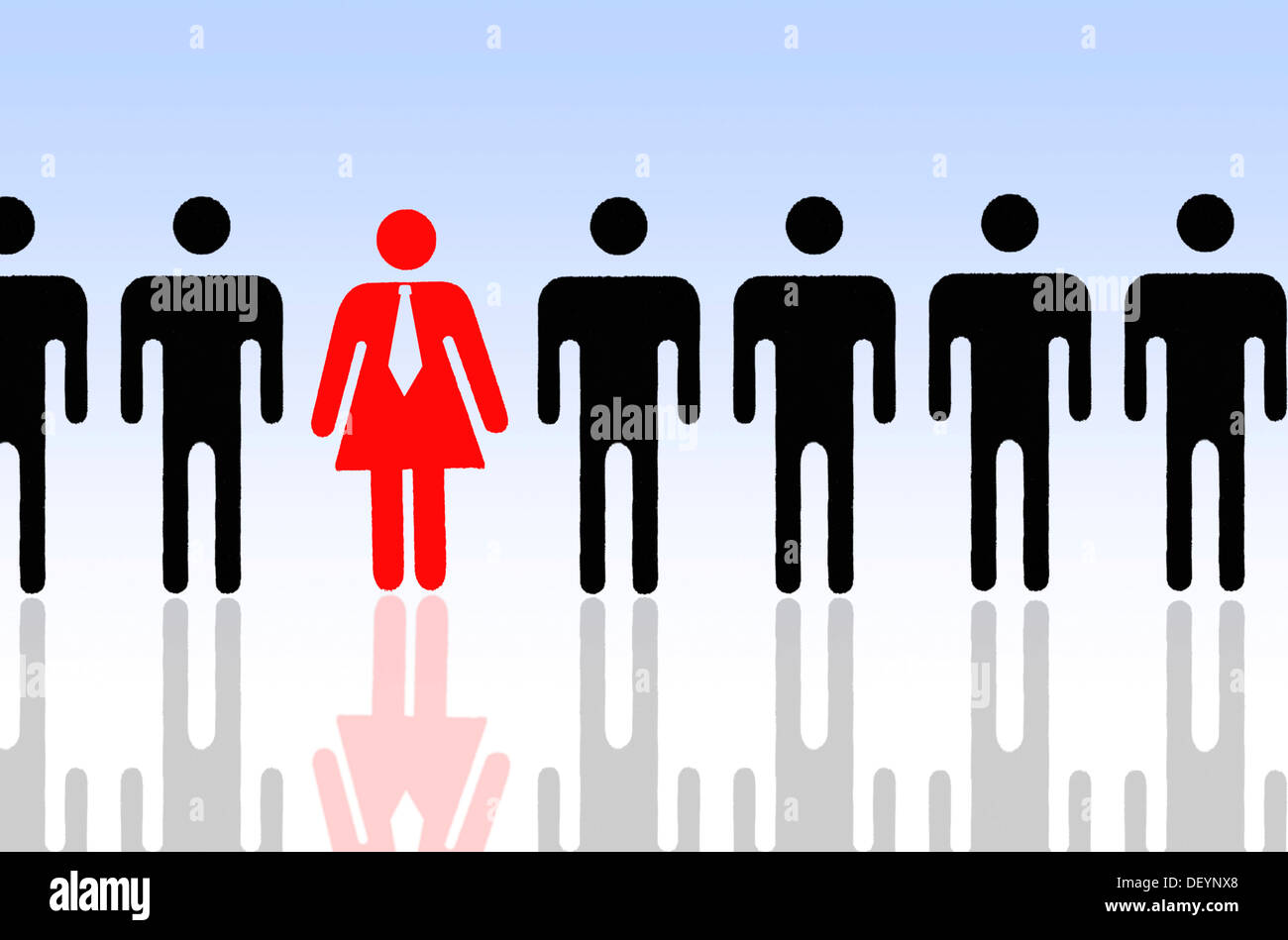 Piktogramm einer Frau mit Krawatte und Männer, symbolisches Bild für Frauenquote Stockfoto