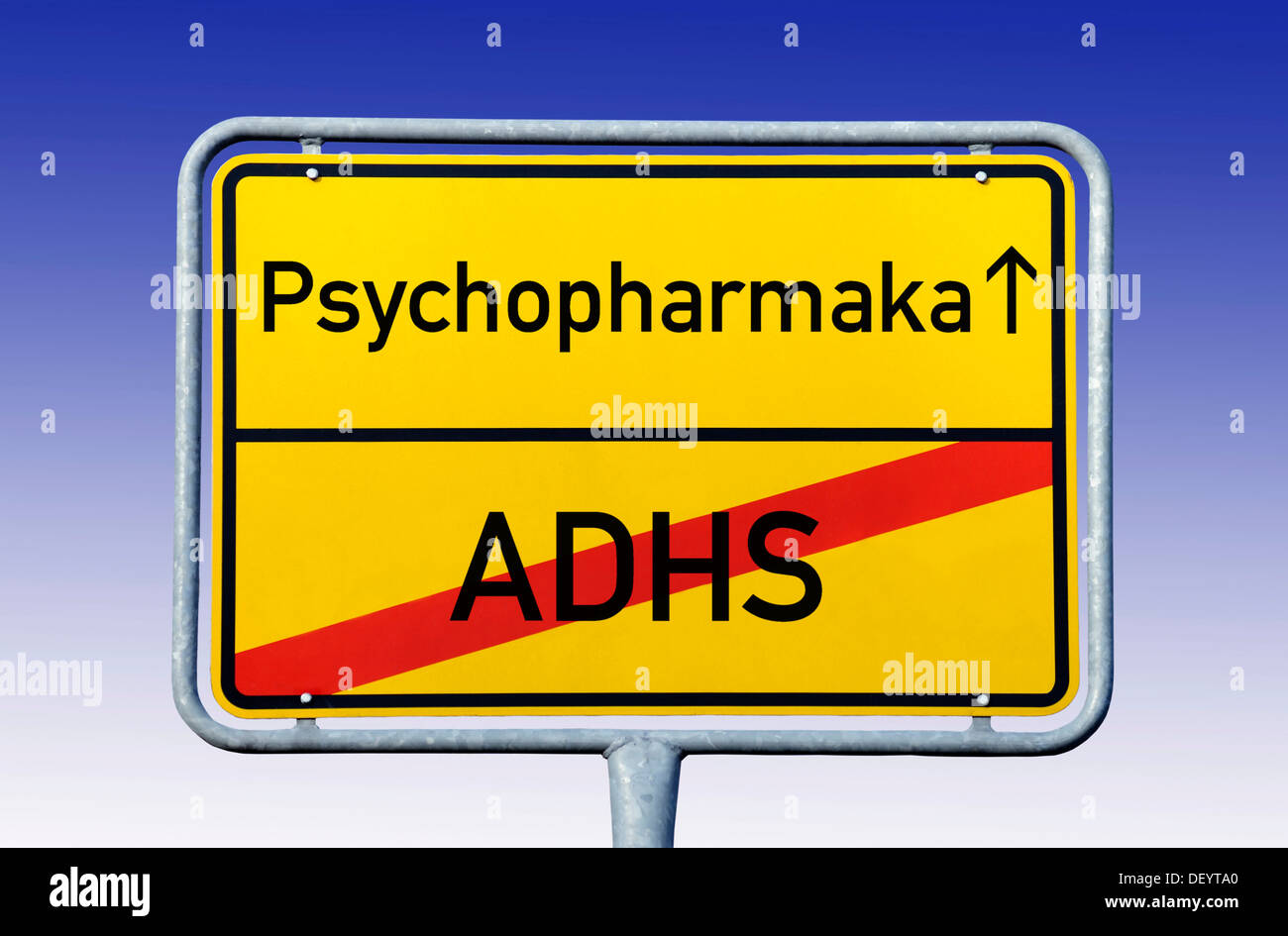 Stadt schränkt Zeichen, so dass ADHS, Psychopharmaka, Deutsch für ADHS verlassen und betreten Psychopharmaka, symbolisches Bild eingeben Stockfoto